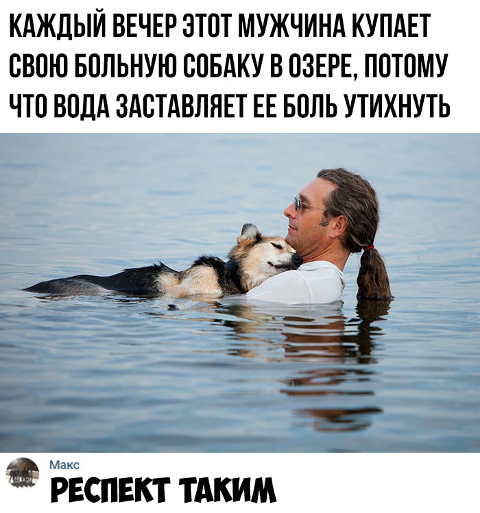 КАЖДЫЙ ВЕЧЕР ЭТОТ МУЖЧИНА КУПАЕТ СВОЮ БОЛЬНУЮ СОБАКУ В ОЗЕРЕ ПОТОМУ ЧТО ВОДА ЗАОТдВЛЯЕТ ЕЕ БОЛЬ УТИХНУТЬ ЁЁспЕкт тАким