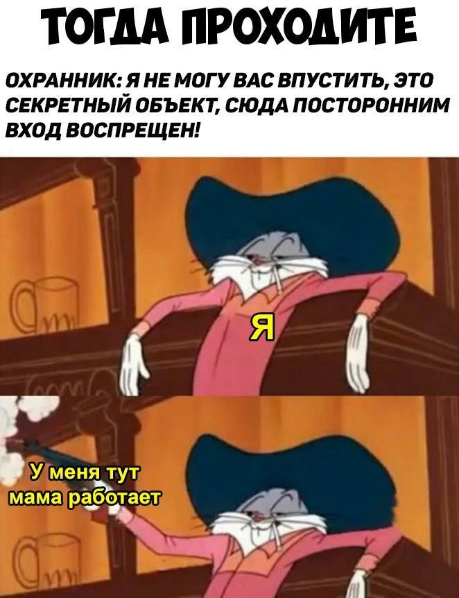 ТОГДА ПРОХОДИТЕ ОХРАННИК Я НЕ МОГУ ВАС ВПУСТИТЬ ЭТО СЕКРЕТНЫЙ ОБЪЕКТ СЮДА ПОСТОРОННИМ ВХОД ВОСПРЕЩЕН Ш Е У меня тут мама рёібЪтает 44 А