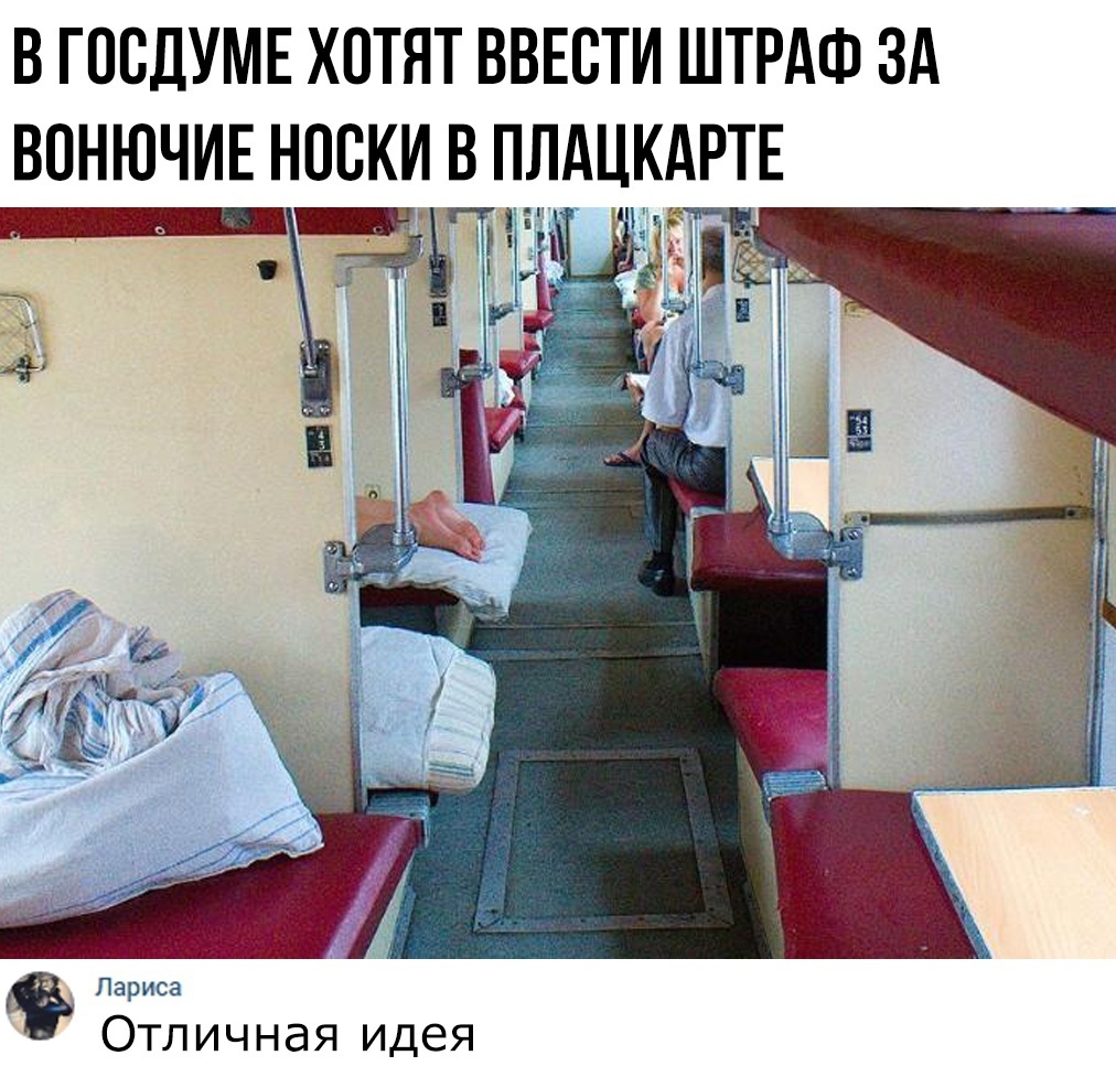 В ГПСДУМЕ ХОТЯТ ВВЕВТИ ШТРАФ ЗА ВОНЮЧИЕ НОСКИ В ПЛАЦКАРТЕ фпар Отличная идея