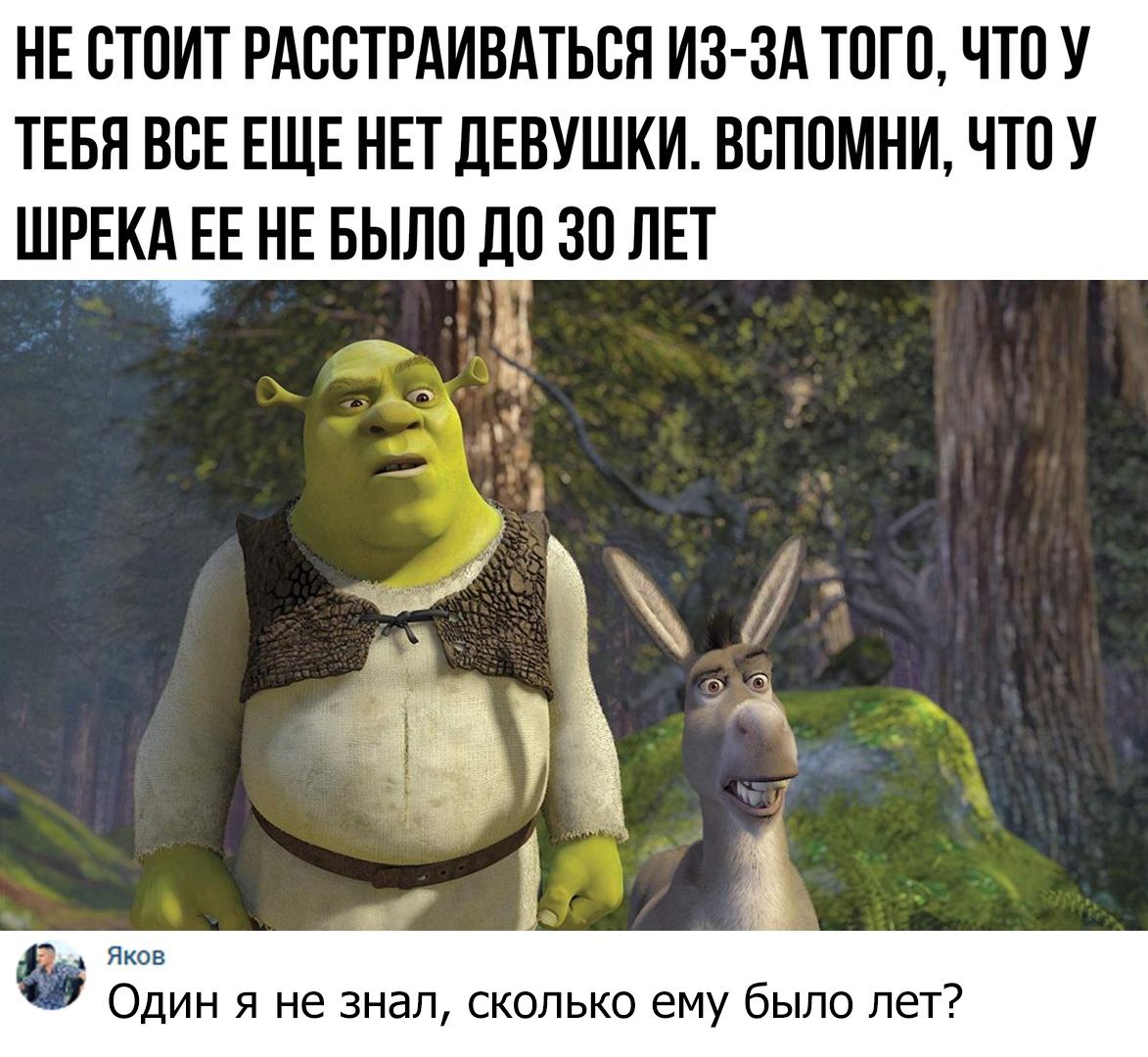 НЕ ОТОИТ РАООТРАИВАТЬОЯ ИЗ ЗА ТОГО ЧТО У ТЕБЯ ВОЕ ЕЩЕ НЕТ ДЕВУШКИ ВОПОМНИ ЧТО У ШРКА ЕЕ НЕ БЫЛО ДО ЗО ЛЕТ Яков Один я не знал сколько ему было лет
