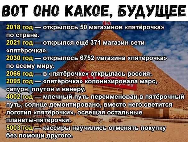 О ОНО КОЕ БУАУЩ 2018 год открылось 50 магазинов пятёрочка по стране 2021 год открылся ещё 371 магазин сети пятёрочка 2030 год открылось 6752 магазина плтёрочка по всему миру 2066 год в пятёрочкг открылась россия 2095 год пятёрочкшканонизирована марс сатурнщплутон и венеру _ __ 902тод мпеч и путь переименовачнёв пятерочныи путь солнце дем тировано вместо негоісветится _ поготип пятёрочки освещая ос