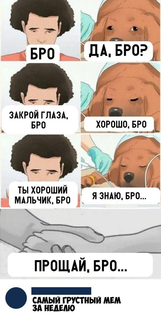 гм вро ДА БРО 1 ЗАКРОЙ ГЛАЗА і Щ вро хорошо в_г_о Ъ _ ты хорошии мдльчик БРО БР _ ПРОЩАЙ БР0 САМЫЙ ГРУСТНЫИ МЕМ ЗА НЕДЕЛЮ