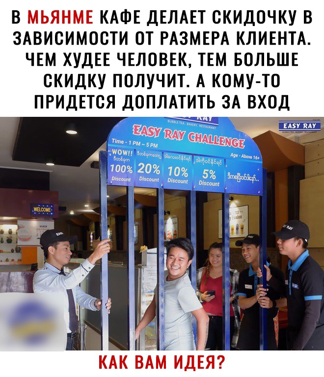 В 3 КАФЕ ДЕЛАЕТ СКИДОЧКУ В ЗАВИСИМОСТИ СТ РАЗМЕРА КЛИЕНТА ЧЕМ ХУДЕЕ ЧЕЛОВЕК ТЕМ БОЛЬШЕ СКИДКУ ПОЛУЧИТ А КОМУ ТО д