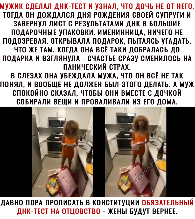ТОГДА ОН ДОЖДАЛСЯ ДНЯ РОЖДЕНИЯ СВОЕЙ СУПРУГИ И ЗАВЕРНУЛ ЛИСТ С РЕЗУЛЬТАТАМИ ДНК В БОЛЬШИЕ ПОДАРОЧНЫЕ УПАКОВКИ ИМЕНИННИЦА НИЧЕГО НЕ ПОДОЗРЕВАЯ ОТКРЫВАЛА ПОДАРОК ПЫТАЯСЬ УГАДАТЬ ЧТО ЖЕ ТАМ КОГДА ОНА ВСЁ ТАКИ ДОБРАЛАСЬ ДО ПОДАРКА И ВЗГЛЯНУЛА СЧАСТЬЕ СРАЗУ СМЕНИЛОСЬ НА ПАНИЧЕСКИЙ СТРАХ В СЛЕЗАХ ОНА УБЕЖДАЛА МУЖА ЧТО ОН ВСЁ НЕ ТАК ПОНЯЛ И ВООБЩЕ НЕ ДОЛЖЕН БЫЛ ЭТОГО ДЕЛАТЬ А МУЖ СПОКОЙНО СКАЗАЛ ЧТОБЫ ОН