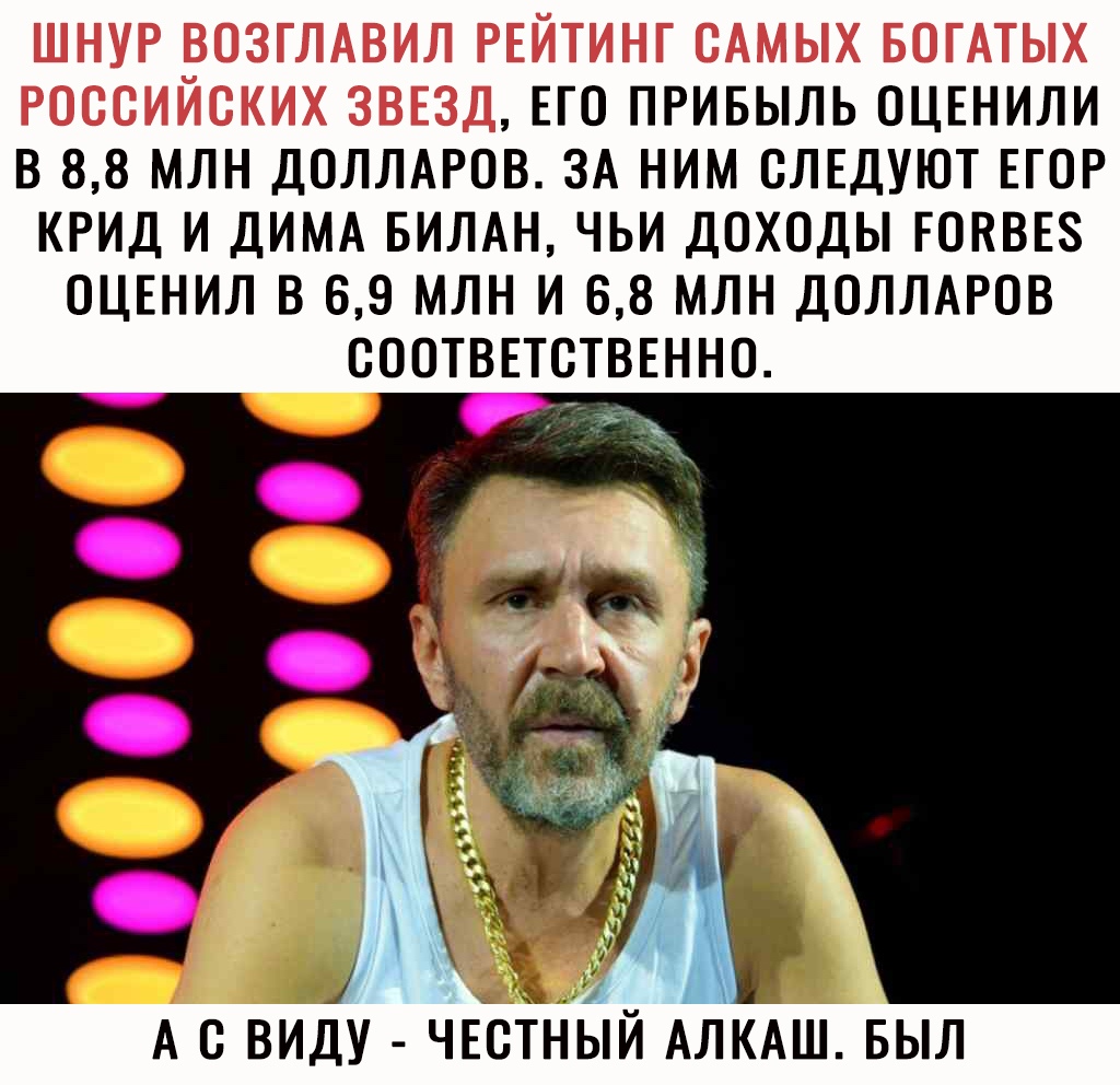 ЕГО ПРИБЫЛЬ ОЦЕНИЛИ В 88 МЛН ДОЛЛАРОВ ЗА НИМ ОЛЕДУЮТ ЕГОР КРИД И ДИМА БИЛАН ЧЬИ ДОХОДЫ ЕОКВЕЗ ОЦЕНИЛ В 69 МЛН И 68 МЛН ДОЛЛАРОВ ОООТВЕТОТВЕННО ГЁ о о о _ _ к і 1 А О ВИДУ ЧЕОУГНЙ АЛКАШ БЫЛ