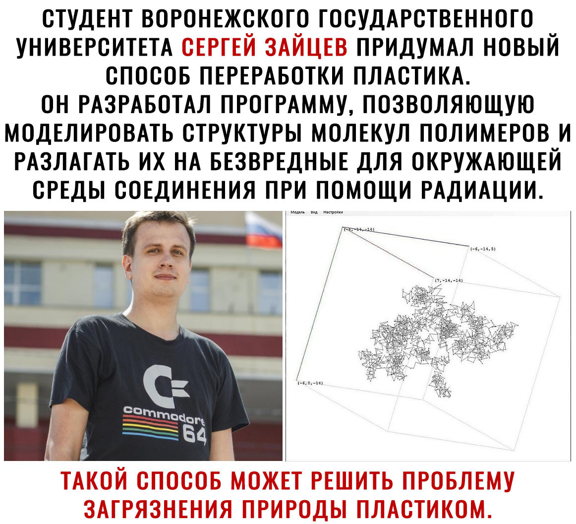 студЕнт ВОРОНЕжскогО гООУдАРОТВЕнногО УНИВЕРСИТЕТА ОЕРгЕй ЗАЙЦЕВ ПРИДУМАЛ новый спосОБ ПЕРЕРАБОТКИ ПЛАСТИКА он РАЗРАБОТАЛ ПРОГРАММУ позволяющую МОДЕЛИРОВАть СТРУКТУРЫ МОЛЕКУЛ ПОЛИМЕРОВ и РАЗЛАГАТЬ их НА БЕЗВРЕДНЫЕ для ОКРУЖАЮЩЕЙ СРЕДЫ СОЕДИНЕНИЯ п ЗАГРЯЗНЕНИЯ ПРИРОДЫ ПЛАСТИКОМ