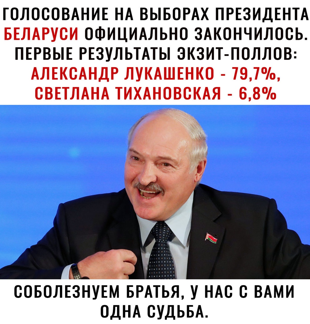 ГОЛОСОВАНИЕ НА ВЫБОРАХ ПРЕЗИДЕНТА БЕЛАРУСИ ОФИЦИАЛЬНО ЗАКОНЧИЛОСЬ ПЕРВЫЕ РЕЗУЛЬТАТЫ ЭКЗИТ ПОЛЛОВ АЛЕКСАНДР ЛУКАШЕНКО 797 СВЕТЛАНА ТИХАНОВСКАЯ 68 соволвзнуш БРАТЬЯ у НАс с ВАМИ ОДНА судьвА