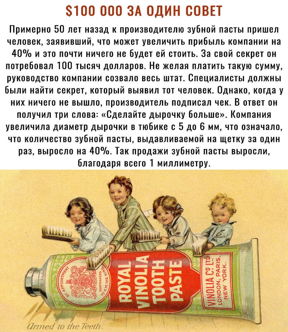100 000 ЗА ОДИН СОВЕТ Примерно 50 лет назад к производителю зубной пасты пришел человек заявивший что может увеличить прибыль компании на 40 и это почти ничего не Будет ей стоить За свой секрет он потребовал 100 тысяч долларов Не желая платить такую сумму руководство компании созвало весь штат Специалисты должны были найти секрет который выявил тот человек Однако когда у них ничего не вышло произв