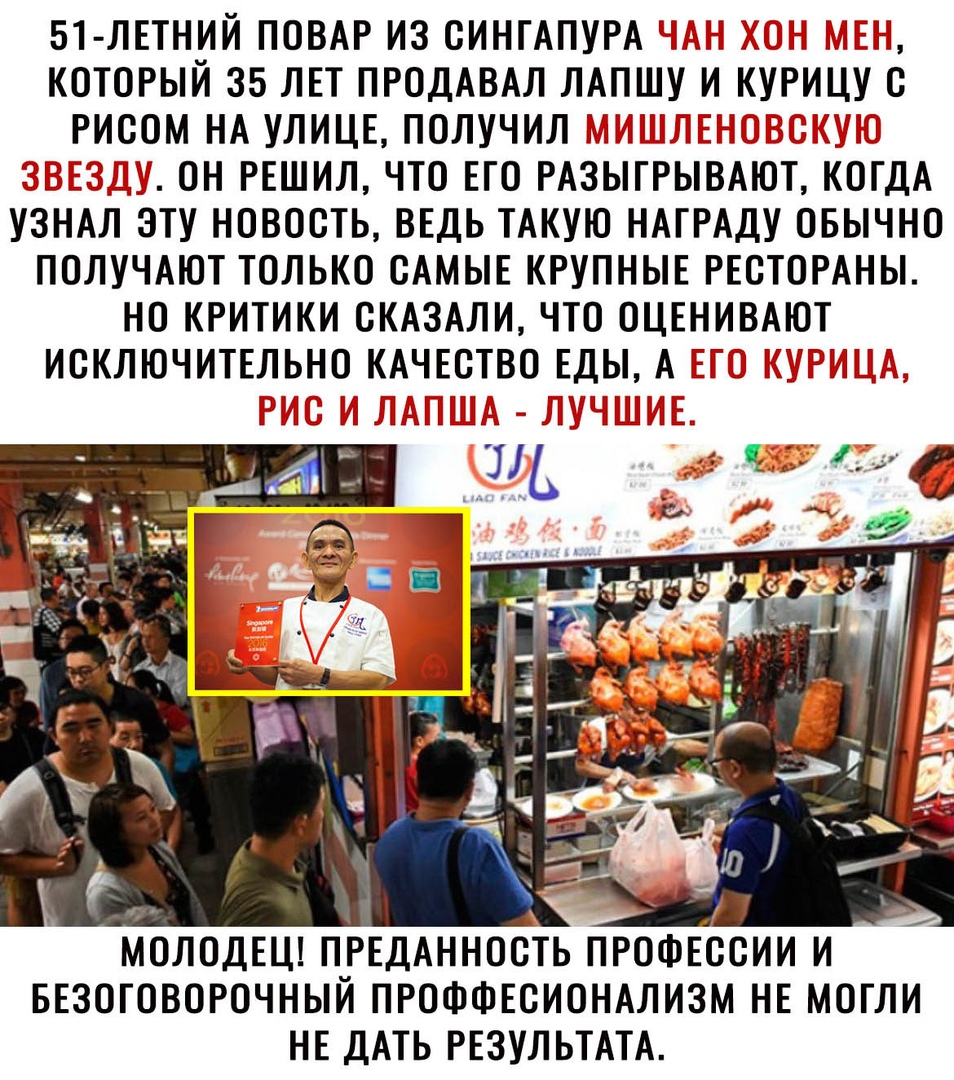 51 ЛЕТНИЙ ПОВАР ИЗ СИНТАПУРА КОТОРЫЙ 35 ЛЕТ ПРОДАВАЛ ЛАПШУ И КУРИЦУ С РИСОМ НА УЛИЦЕ ПОЛУЧИЛ _ ОН РЕШИЛ ЧТО ЕГО РАЗЫГРЫВАЮТ КОГДА УЗНАЛ ЭТУ НОВОСТЬ ВЕДЬ ТАКУЮ НАГРАДУ ОБЫЧНО ПОЛУЧАЮТ ТОЛЬКО САМЫЕ КРУПНЫЕ РЕСТОРАНЫ НО КРИТИКИ СКАЗАЛИ ЧТО ОЦЕНИВАЮТ ИСКЛЮЧИТЕЛЬНО КАЧЕСТВО ЕДЫ А молодвш пиРЕдАнность профессии и ввзоговорочныи проффгсиондлизм не могли не ДАТЬ РЕЗУЛЬТАТА