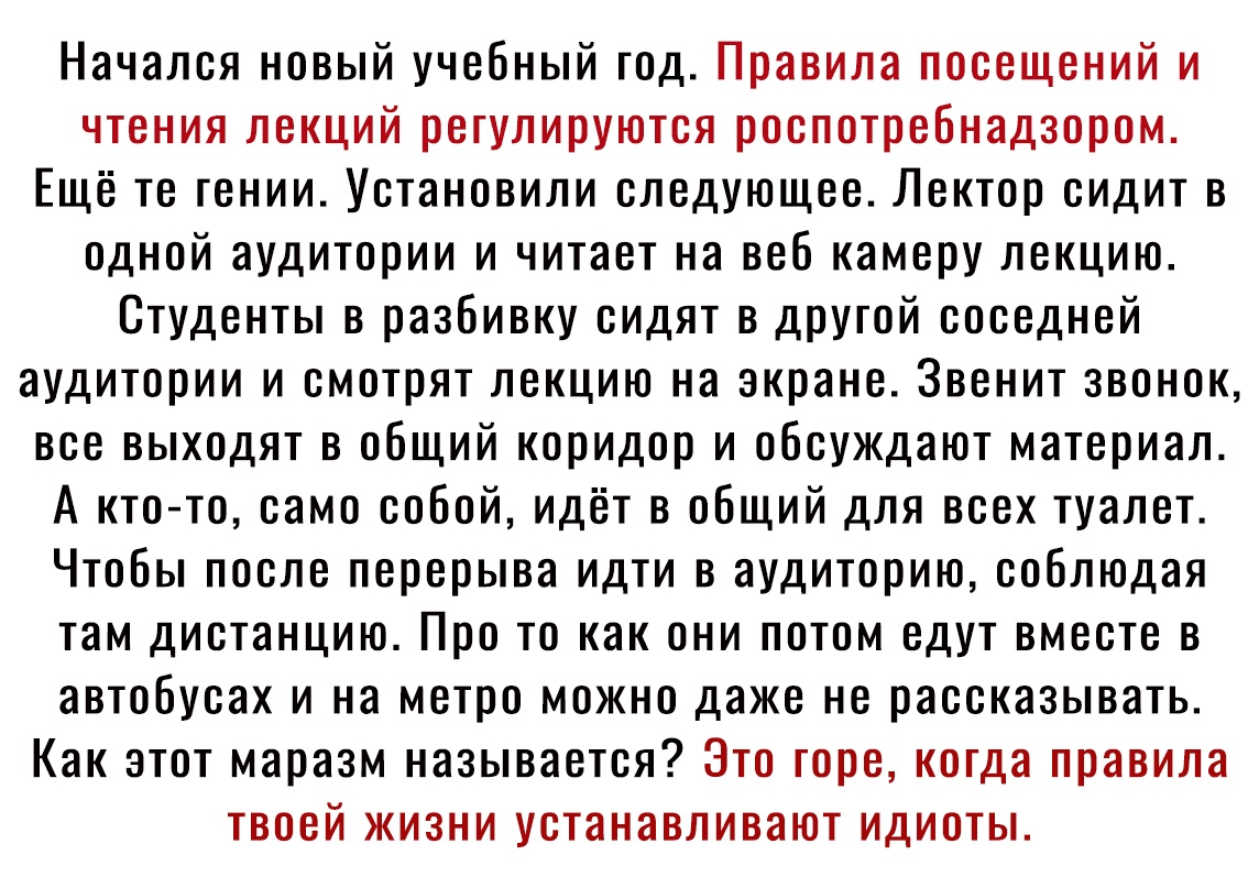 Начался новый учебный год Правила посещений и чтения лекций регулируются роспотребнадзором Ещё те гении Установили следующее Лектор сидит в одной аудитории и читает на веб камеру лекцию Студенты в разбивку сидят в другой соседней аудитории и смотрят лекцию на экране Звенит звонок все выходят в общий коридор и обсуждают материал А кто то само собой идёт в общий для всех туалет Чтобы после перерыва 