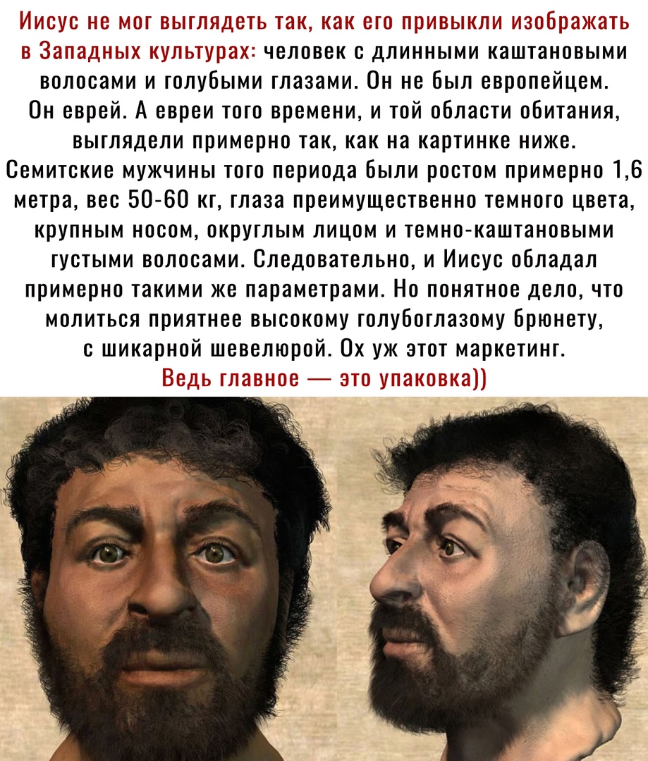 Иисус не мог выглядеть так как его привыкли изображать в Западных культурах человек с длинными каштановыми волосами и голубыми глазами Он не был европейцем Он еврей А евреи того времени и той области обитания выглядели примерно так как на картинке ниже Семитские мужчины того периода были ростом примерно 16 метра вес 5060 кг глаза преимущественно темного цвета крупным носом округлым лицом и темно к