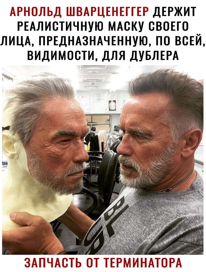 АРНОЛЬД ШВАРЦЕНЕГГЕР ДЕРЖИТ РЕАЛИСТИЧНУЮ МАСКУ СВОЕГО ЛИЦА ПРЕДНАЗНАЧЕННУЮ ПО ВСЕЙ ВИДИМОСТИ ДЛЯ ДУБЛЕРА ЗАПЧАСТЬ от ТЕРМИНАТОРА