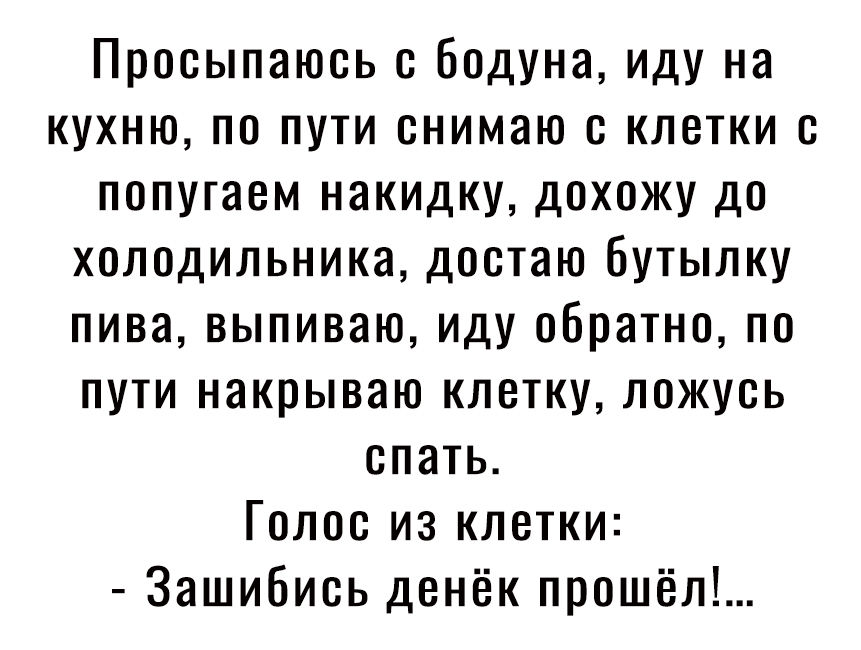 Просыпаюсь с Бодуна иду на кухню по пути снимаю с клетки с попугаем накидку дохожу до холодильника достаю бутылку пива выпиваю иду обратно по пути накрываю клетку ложусь спать Голос из клетки Зашибись денёк прошёл