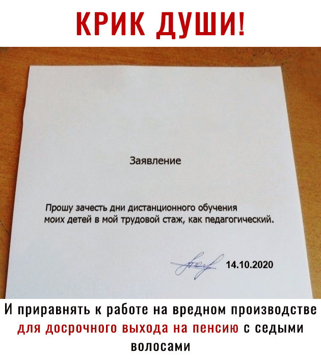 КРИК ДУШИ Заявление Прошу инт дни дистанционного обучения моихмпй мой трудовой стаж кпк пшгогичжий 14102020 И приравнять к работе на вредном производстве для досрочного выхода на пенсию с седыми волосами