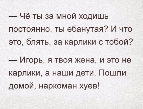 Чё ты за мной ходишь постоянно ты ебанутая И что это блять за карлики с тобой Игорь я твоя жена и это не карлики а наши дети Пошли домой наркоман хуев