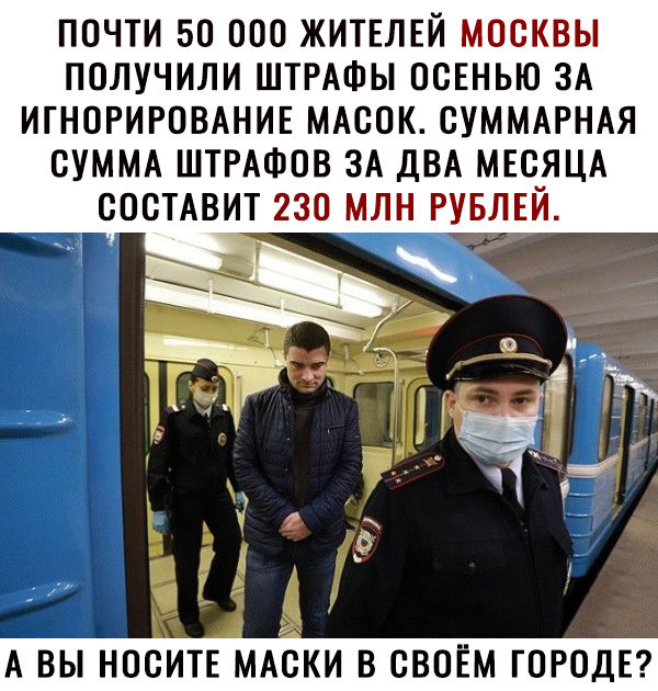ПОЧТИ 50 000 ЖИТЕЛЕЙ МОСКВЫ ПОЛУЧИЛИ ШТРАФЫ ОСЕНЬЮ ЗА ИГНОРИРОВАНИЕ МАСОК СУММАРНАЯ СУММА ШТРАФСВ ЗА ДВА МЕСЯЦА СОСТАВИТ 230 МЛН РУБЛЕЙ ц м А _ _ и Е