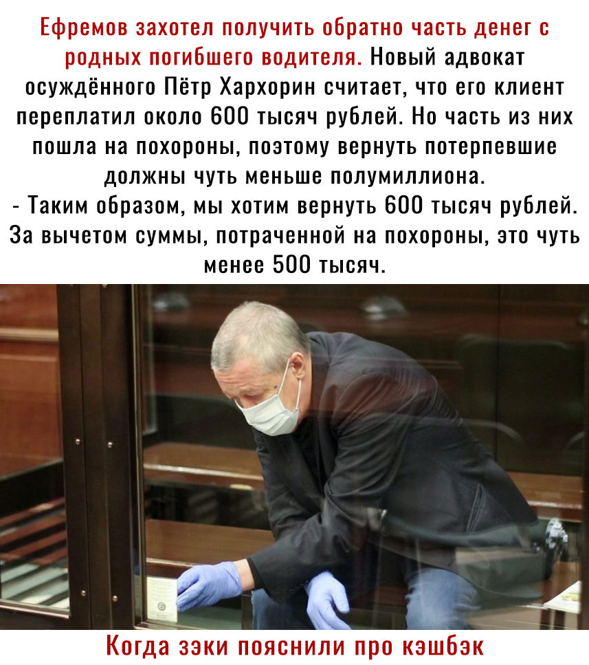 Ефремов захотел получить обратно часть денег с родных погибшего водителя Новый адвокат осуждённого Пётр Хархорин считает что его клиент переплатил около 600 тысяч рублей Но часть из них пошла на похороны позтому вернуть потерпевшие должны чуть меньше полумиллиона Таким образом мы хотим вернуть 600 тысяч рублей За вычетом суммы потраченной на похороны это чуть менее 500 тысяч 4 Когда зэки пояснили 