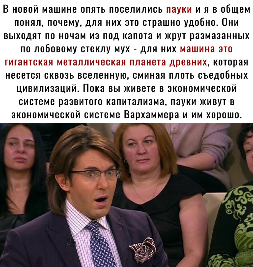 В новой машине опять поселились пауки и я в общем понял почему для них это страшно удобно Они выходят по ночам из под капота и жрут размазанных по лобовому стеклу мух для них машина это гигантская металлическая планета древних которая несется сквозь вселенную сминая плоть съедобных цивилизаций Пока вы живете в экономической системе развитого капитализма пауки живут в экономической системе Вархамме