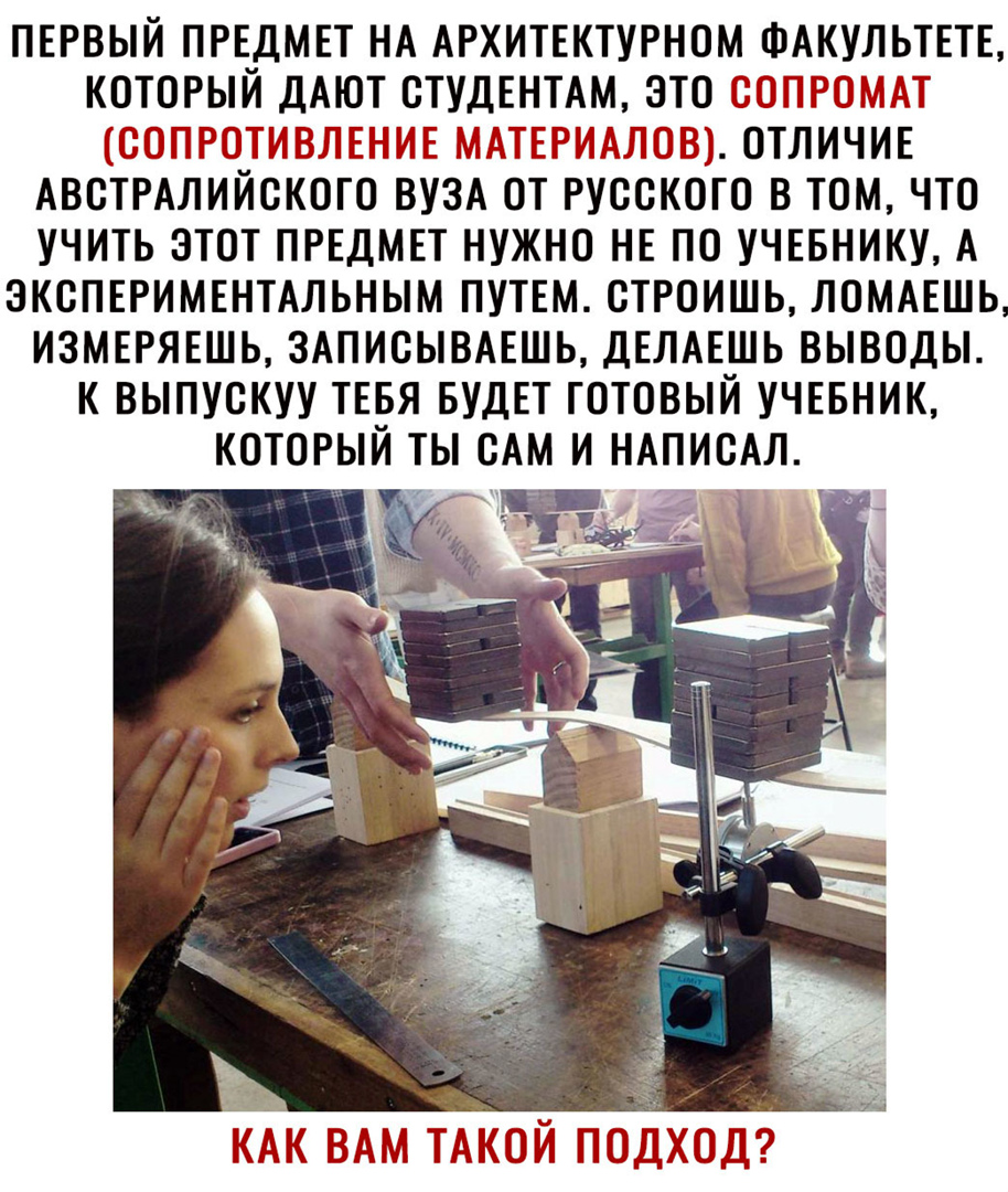 ПЕРВЫЙ ПРЕДМЕТ НА АРХИТЕКТУРНОМ ФАКУЛЬТЕТЕ КОТОРЫЙ ДАЮТ СТУДЕНТАМ ЭТО ОТЛИЧИЕ АВСТРАЛИЙСКОГО ВУЗА ОТ РУССКОГО В ТОМ ЧТО УЧИТЬ ЭТОТ ПРЕДМЕТ НУЖНО НЕ ПО УЧЕБНИКУ А ЭКСПЕРИМЕНТАЛЬНЫМ ПУТЕМ СТРОИШЬ ЛОМАЕШЬ ИЗМЕРЯЕШЬ ЗАПИСЫВАЕШЬ ДЕЛАЕШЬ ВЫВОДЫ К ВЫПУСКУУ ТЕБЯ БУДЕТ ГОТОВЫЙ УЧЕБНИК КОТОРЫЙ ТЫ САМ И НАПИСАЛ