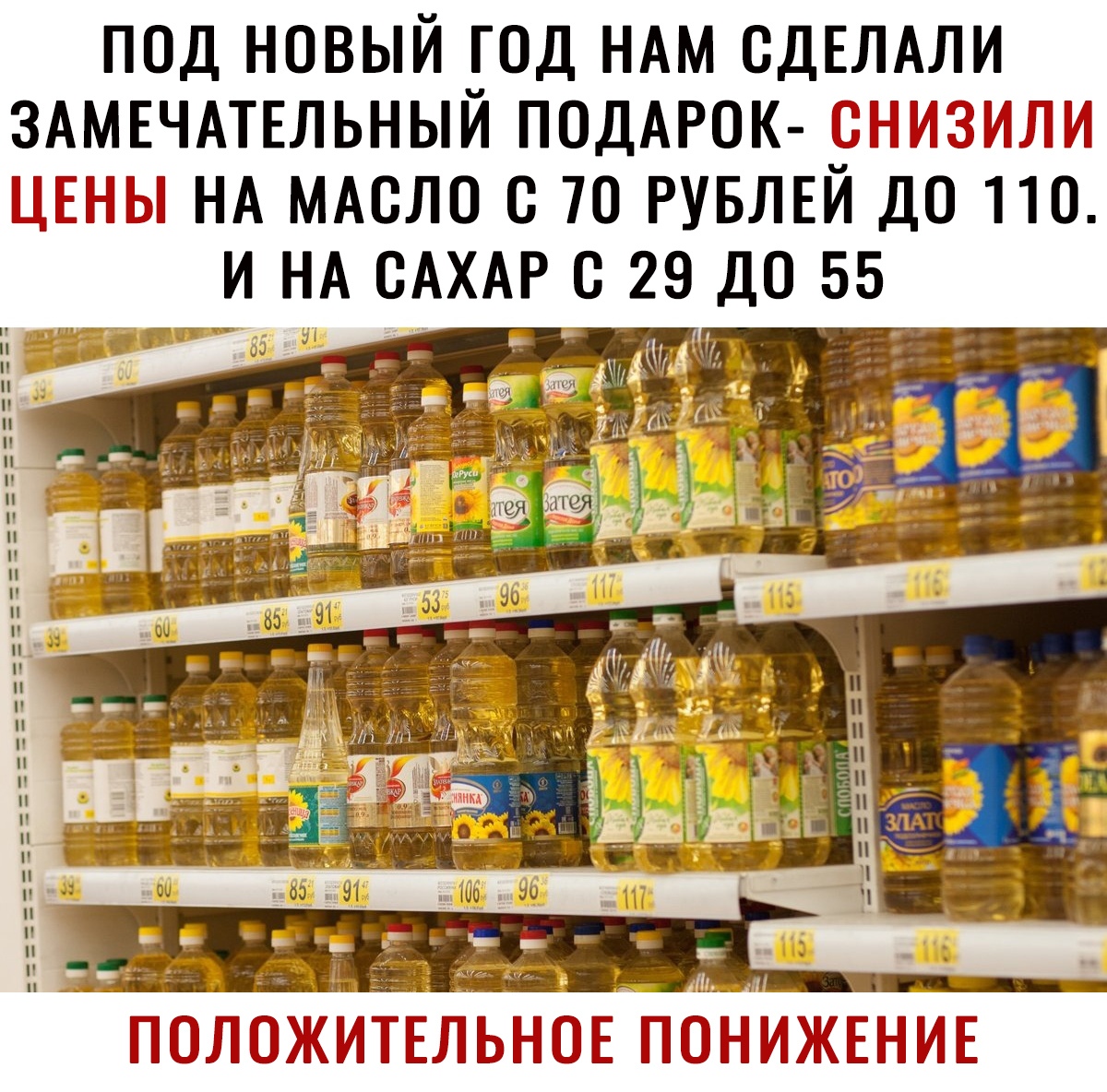 ПОД НОВЫЙ ГОД НАМ СДЕЛАЛИ ЗАМЕЧАТЕЛЬНЫЙ ПСДАРОК СНМЗЛЛМ ЦЕНЫ НА МАСЛО С 70 РУБЛЕЙ ДО 110 И НА САХАР С 29 ДО 55 п _ _ г и 3 и д 1 О Ь ь ___ _ ЖМЕЛЪЕ ЦНИЖНМЁ