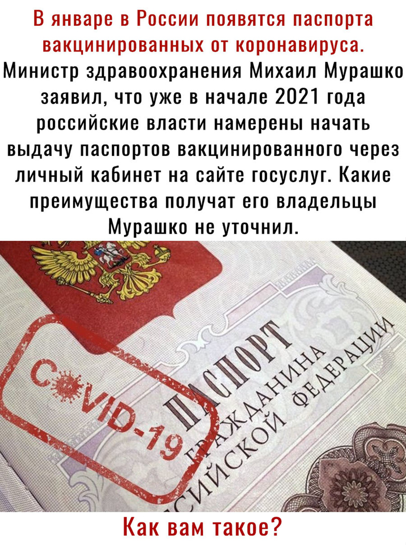 В январе в России появятся паспорта вакцинированных от коронавируса Министр здравоохранения Михаил Мурашко заявил что уже в начале 2021 года российские власти намерены начать выдачу паспортов вакцинированного через личный кабинет на сайте госуслуг Какие преимущества получат его владельцы Мурашко не уточнил Как вам такое