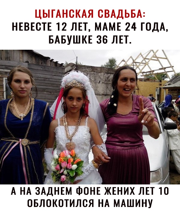 ЦЫГАНСКАЯ СВАДЬБА НЕВЕСТЕ 12 ЛЕТ МАМЕ 24 ГОДА БАБУШКЕ 36 ЛЕТ А НА ЗАДНЕМ ФОНЕ ЖЕНИХ ЛЕТ 10 ОБЛОКОТИЛВЯ НА МАШИНУ
