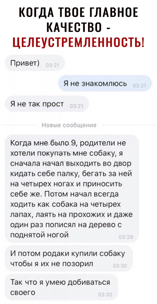 КОГДА ТВОЕ ГЛАВНОЕ КАЧЕСТВО ЦЕЛЕУСТРЕМЛЕННОСТЫ Привет Я не знакомлюсь Я не так прост Когда мне было 9 родители не хотели покупать мне собаку я сначала начал выходить во двор кидать себе палку бегать за ней на четырех ногах и приносить себе же Потом начал всегда ходить как собака на четырех лапах паять на прохожих и даже один раз пописяп на дерево с поднятой ногой И потом родаки купили собаку чтобы