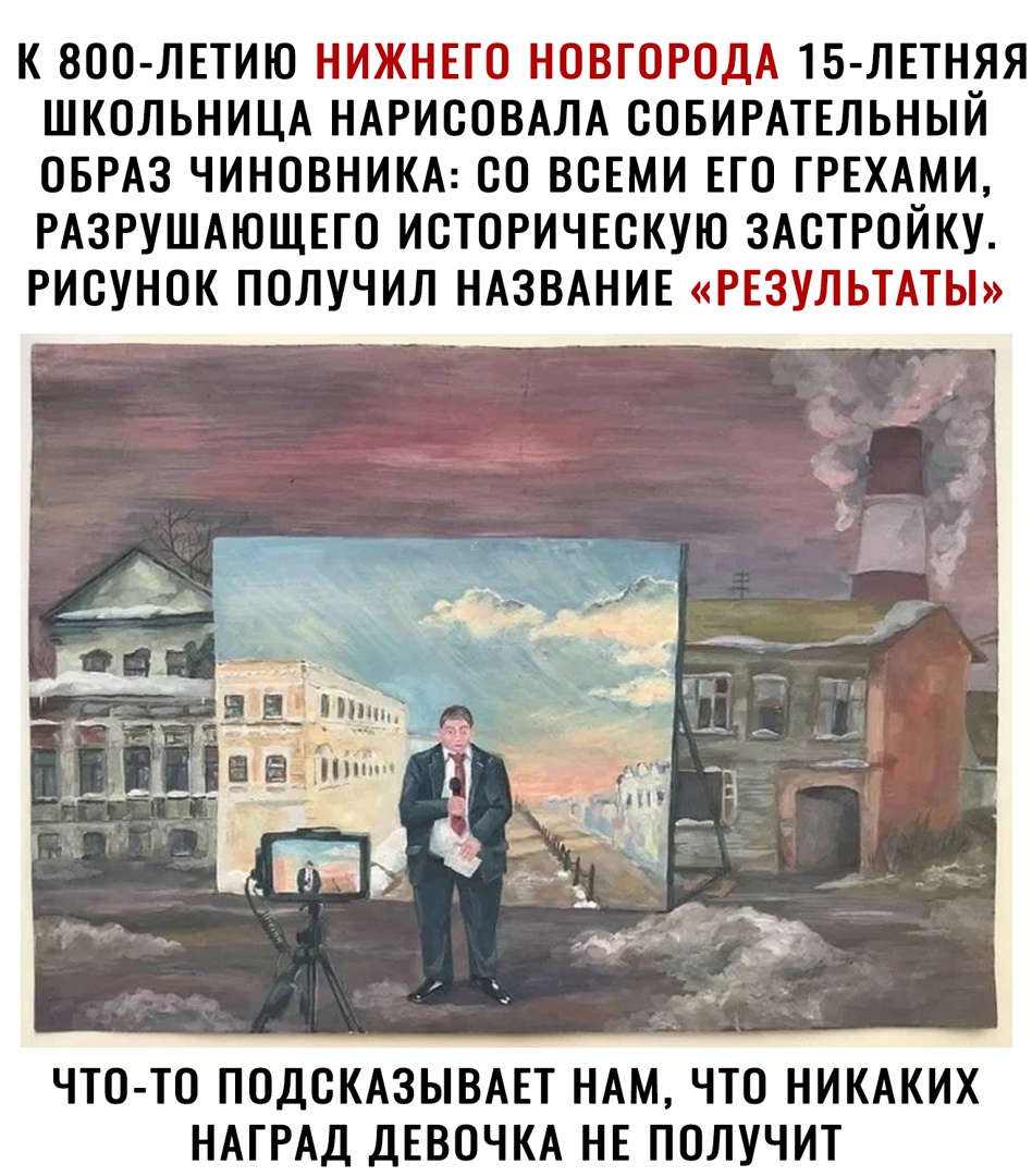 К ЗОО ЛЕТИЮ НИЖНЕМ НОГРДА 15 ЛЕТНЯЯ ШКОЛЬНИЦА НАРИООВАЛА ООБИРАТЕЛЬНЫЙ ОБРАЗ ЧИНОВНИКА ОО ВОЕМИ ЕГО ГРЕХАМИ РАЗРУШАЮЩЕГО ИОТОРИЧЕОКУЮ ЗАОТРОЙКУ РИСУНОК ПОЛУЧИЛ НАЗВАНИЕ РЕЗУЛЬТАТЫ ЧТО ТО ПОДОКАЗЫВАЕТ НАМ ЧТО НИКАКИХ НАГРАД ДЕВОЧКА НЕ ПОЛУЧИТ