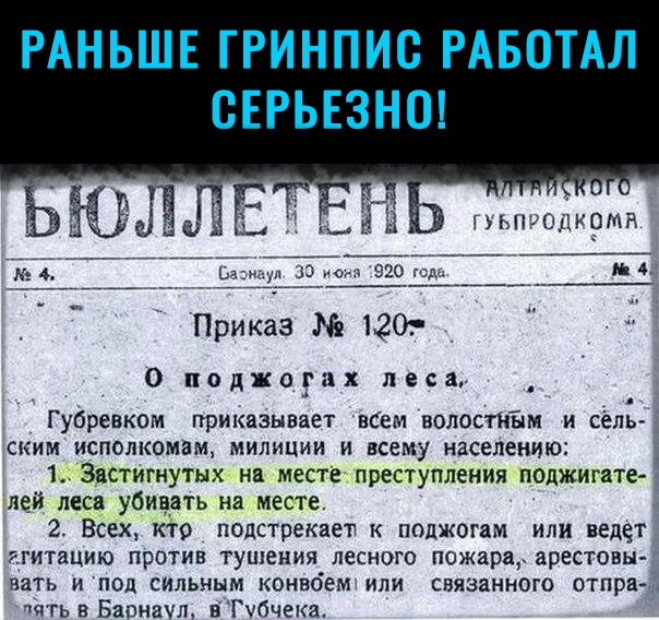 РАНЬШЕ ГРИНПИС РАБОТ Л СЕРЬЕЗНО 4 Приказ 120 0 поджогах лесам Губревком приказывает вбем волостнйм и сёлы ским исполкомам милиции и всему населению ъ Зрстигнутнх ни местё преступления поджигате ие_И пес убивать на месте 2 Всех кто подстрекает к поджогам или ведет ггитацию против тушения лесного пожара арестовы вать и под сильным конноем или связанного отпра ччть в Бат щуп вГчбчека
