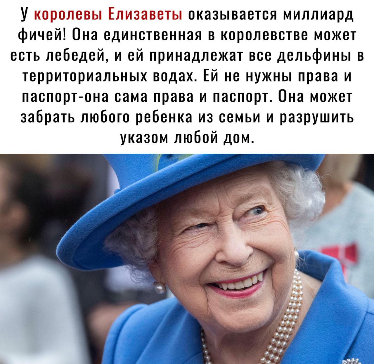У королевы Елизаветы оказывается миллиард фичей Она единственная в королевстве может есть лебедей и ей принадлежат все дельфины в территориальных водах Ей не нужны права и паспорт она сама права и паспорт Она может забрать любого ребенка из семьи и разрушить указом любой дом 1 7 г