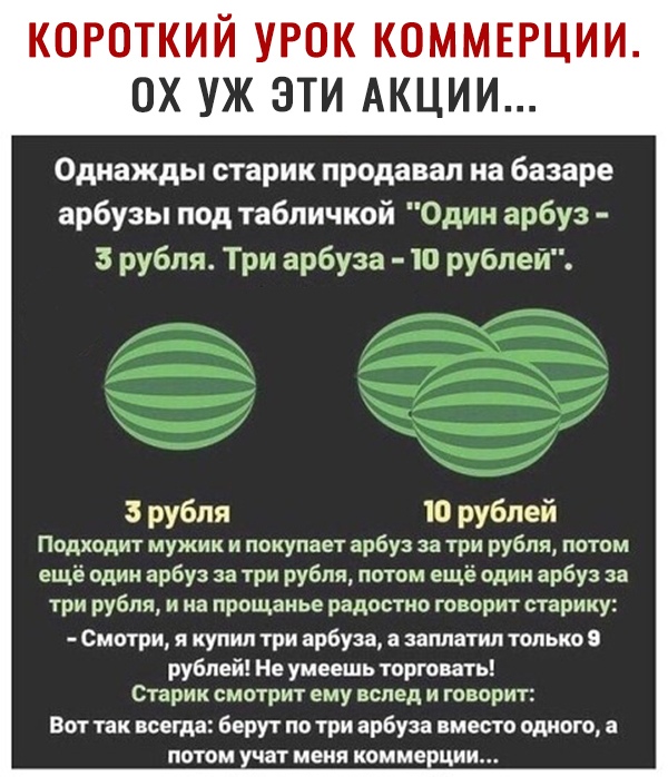 КОРОТКИЙ УРОК КОММЕРЦИИ ОХ УЖ ЭТИ АКЦИИ Однажды старик продавал на базаре арбузы под табличкой Один арбуз 3 рубля Три арбуза 10 рублей 3 рубля Ю рублей Подходит мужик и покупает арбуз за три рубля потом ещё один арбуз за три рубля потом ещё один арбуз за три рубля и на прощанье радостно говорит старику Смотри я купил три арбуза а заплатил только 8 рублей Не умеешь торговать Старик смотрит ему всле