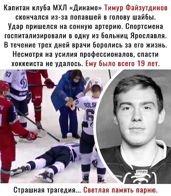 Капитан клуба МХЛ Динамо Тимур Файзутдинов скончался из за попавшей в голову шайбы Удар пришелся на сонную артерию Спортсмена оппитализировали в одну из Больниц Ярославля В течение трех дней врачи Боролись за его жизнь Несмотря на усилия профессионалов спасти хоккеиста не удалось Ему Было всеш 19 лет ВТПЗШНВЯ Трагедия СВВТПВЯ ПЯМЯТЬ парню