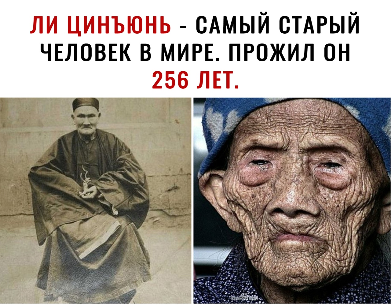 Ли цинъюнь  самый старый человек в мире. Прожил он 256 лет.