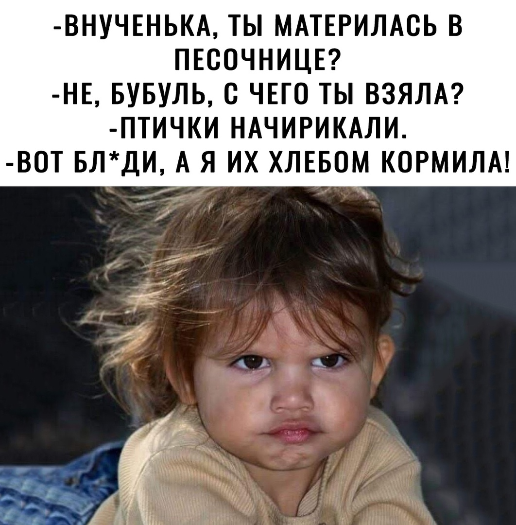 ВНУЧЕНЬКА ТЫ МАТЕРИЛАСЬ В ПЕСОЧНИЦЕ НЕ БУБУЛЬ О ЧЕГО ТЫ ВЗЯЛА ПТИЧКИ НАЧИРИКАЛИ ВОТ БЛДИ А Я ИХ ХЛЕБОМ КОРМИЛА
