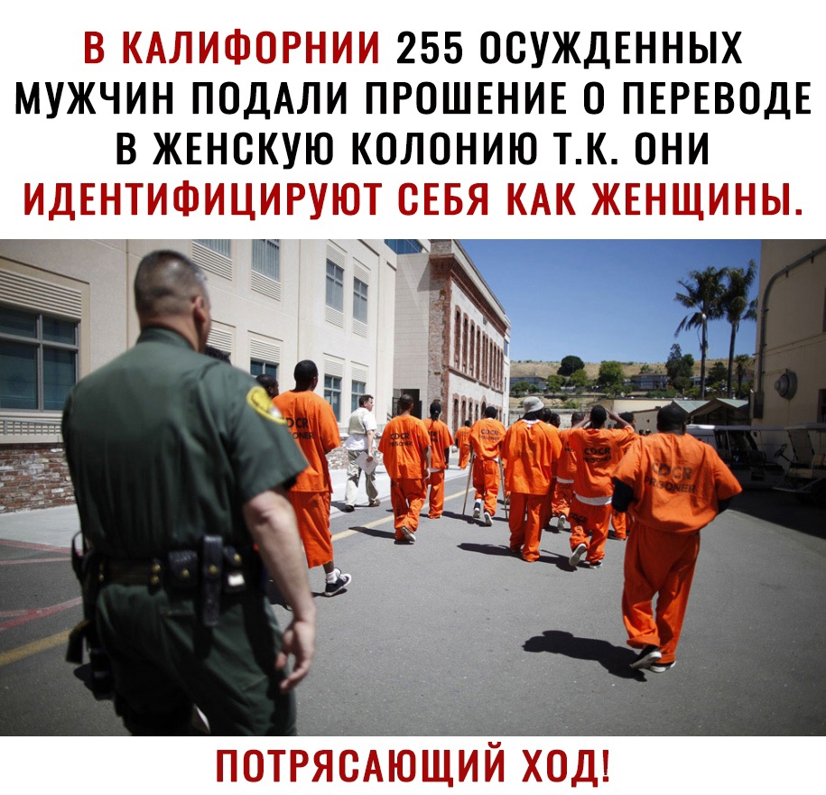 В КАЛИФОРНИИ 255 ОСУЖДЕННЫХ МУЖЧИН ПОДАЛИ ПРОШЕНИЕ О ПЕРЕВОДЕ В ЖЕНСКУЮ КОЛОНИЮ Т К ОНИ ИДЕНТИФИЦИРУЮТ СЕБЯ КАК ЖЕНЩИНЫ ц щ ПОТРЯСАЮЩИИ ХОД