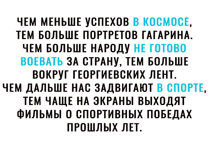 ЧЕМ МЕНЬШЕ УОПЕХОВ В КООМООЕ ТЕМ БОЛЬШЕ ПОРТРЕТОВ ГАГАРИНА ЧЕМ БОЛЬШЕ НАРОДУ НЕ ГОТОВО ВОЕВАТЬ ЗА СТРАНУ ТЕМ БОЛЬШЕ ВОКРУГ ГЕОРГИЕВОКИХ ЛЕНТ ЧЕМ ДАЛЬШЕ НАО ЗАДВИГАЮТ В СПОРТЕ ТЕМ ЧАЩЕ НА ЭКРАНЫ ВЫХОДЯТ ФИЛЬМЫ О СПОРТИВНЫХ ПОБЕДАХ ПРОШЛЫХ ЛЕТ