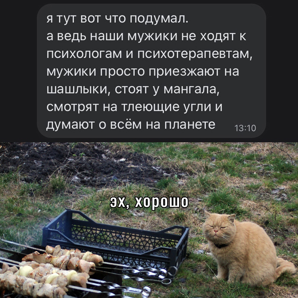 я тут вот что подумал а ведь наши мужики не ходят к психологам и психотерапевтам мужики просто приезжают на шашлыки стоят у мангала смотрят на тлеющие угли и думают о всём на планете 1310 чтет ЗЁЁЗ