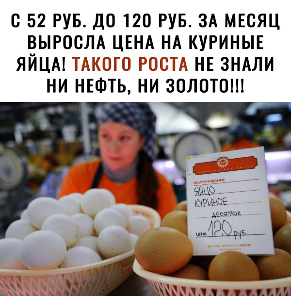 С 52 руб. До 120 руб. За месяц выросла цена на куриные яйца! Такого роста не знали ни нефть, ни золото!!! Эц6  куруое десяток.