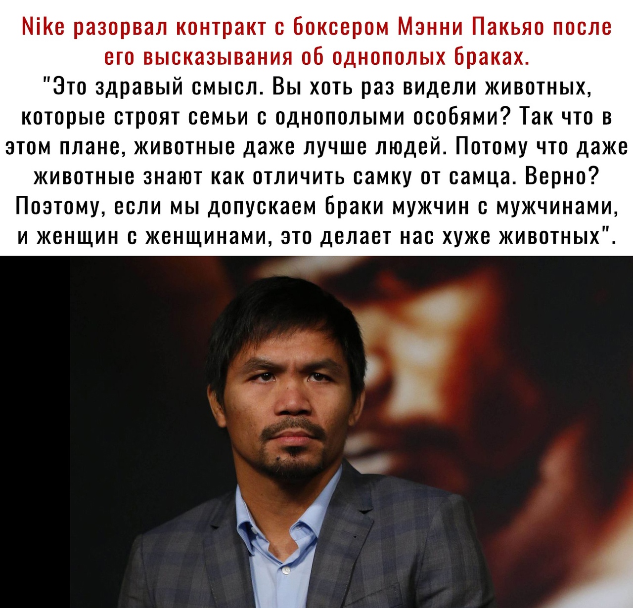 МіКе разорвал контракт с Боксером Мэнни Пакьяо после его высказывания об однополых браках Это здравый смысл Вы хоть раз видели животных которые строят семьи с однополыми особями Так что в этом плане животные даже лучше людей Потому что даже животные знают как отличить самку от самца Верно Поэтому если мы допускаем Браки мужчин с мужчинами и женщин с женщинами это делает нас хуже животных