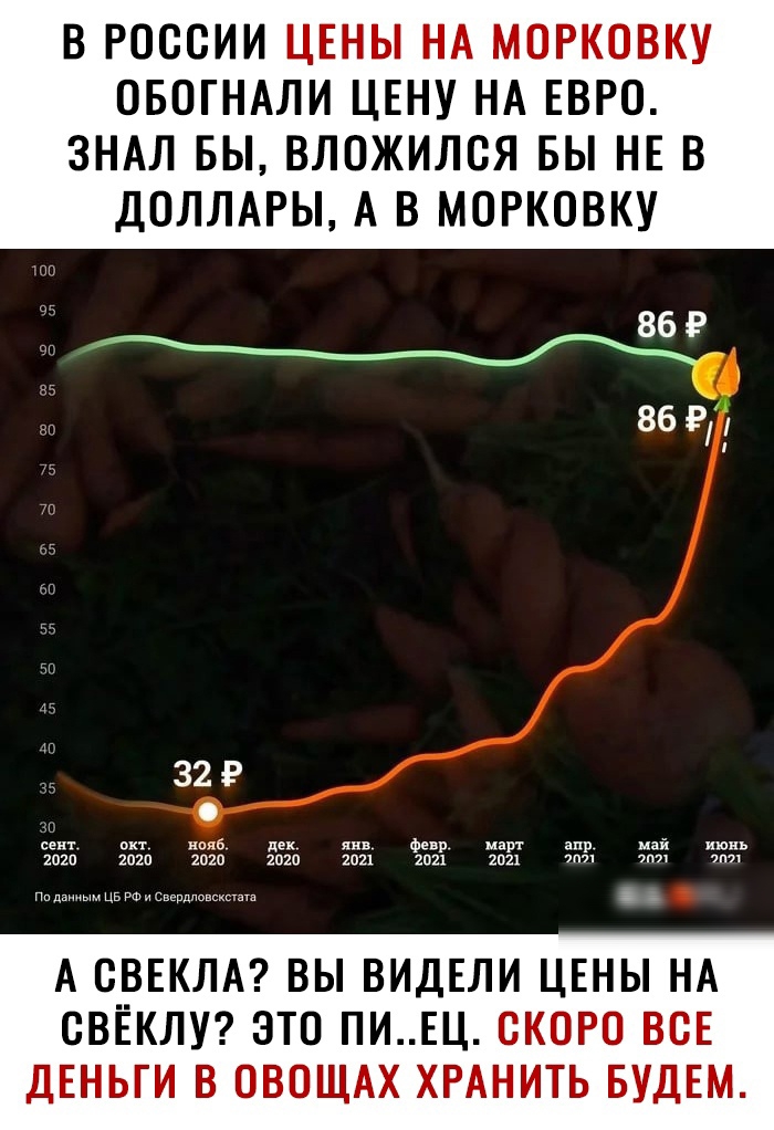 В РОССИИ ЦЕНЫ НА МОРКОВКУ ОБОГНАЛИ ЦЕНУ НА ЕВРО ЗНАЛ БЫ ВЛОЖИЛСЯ ВЫ НЕ В ДОЛЛАРЫ А В МОРКОВКУ 86 86 г А О_ОЕКЛА ВЫ ВИДЕЛИ ЦЕНЫ НА СВЕКЛУ ЭТО ПИЕЦ СКОРО ВСЕ ДЕНЬГИ В ОВОЩАХ ХРАНИТЬ БУДЕМ
