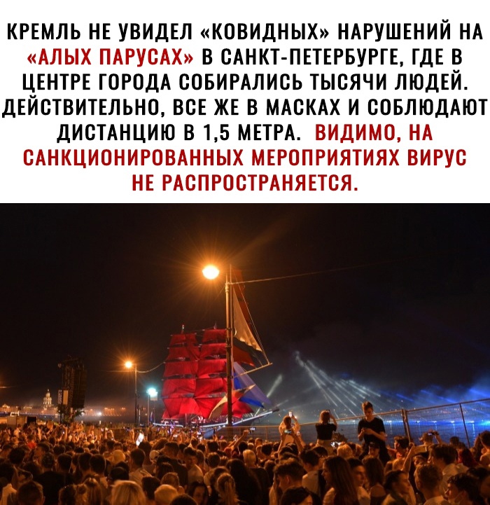 КРЕМЛЬ НЕ УВИДЕЛ КОВИДНЫХ НАРУШЕНИЙ НА АЛЫХ ПАРУСАХ В САНКТ ПЕТЕРБУРГЕ ГДЕ В ЦЕНТРЕ ГОРОДА СОБИРАЛИСЬ ТЫСЯЧИ ЛЮДЕЙ ДЕЙСТВИТЕЛЬНО ВСЕ ЖЕ В МАСКАХ И СОБЛЮДАЮТ ДИСТАНЦИЮ В 15 МЕТРА ВИДИМО НА САНКЦИОНИРОВАННЫХ МЕРОПРИЯТИЯХ ВИРУС НЕ РАСПРОСТРАНЯЕТСЯ