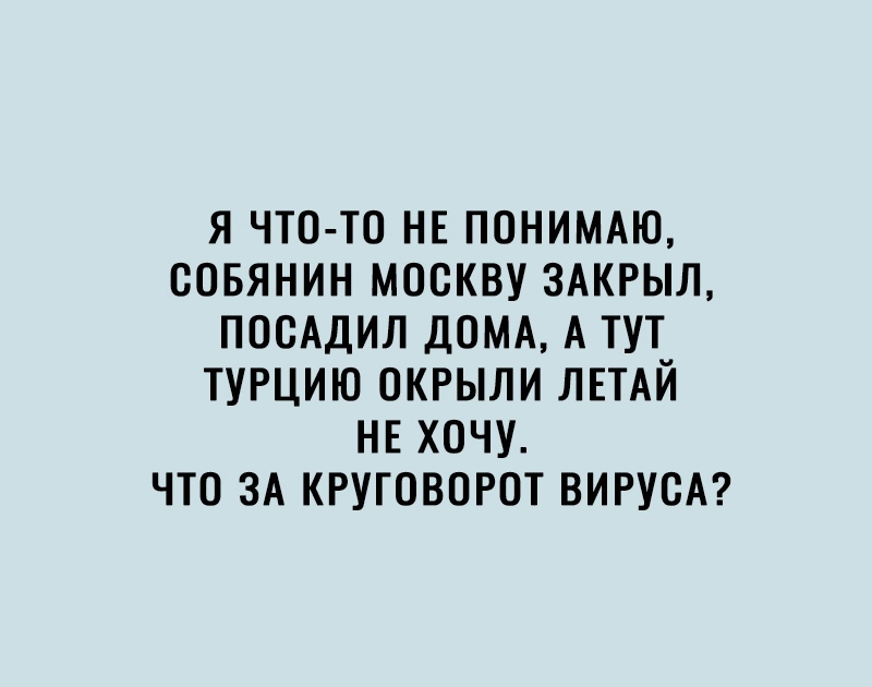 Я ЧТО ТО НЕ ПОНИМАЮ СОБЯНИН МОСКВУ ЗАКРЫЛ ПОСАДИЛ ДОМА А ТУТ ТУРЦИЮ ОКРЫЛИ ЛЕТАЙ НЕ ХОЧУ ЧТО ЗА КРУГОВОРОТ ВИРУСА