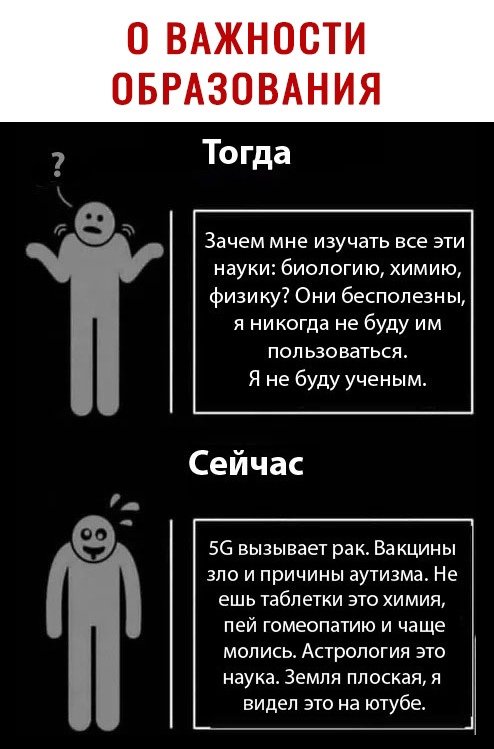 О ВАЖНОСТИ ОБРАЗОВАНИЯ топи 6 Зачем мне изучать все эти науки биологию химию физику Они бесполезны я никогда не буду им пользоваться Я не буду ученым Сейчас Ч 56 вызывает рак Вакцины зло и причины аутизма Не ешь таблетки это химия пей гомеопатию и чаще молисв Астрология это наука Земля плоская я видел это на ютубе _