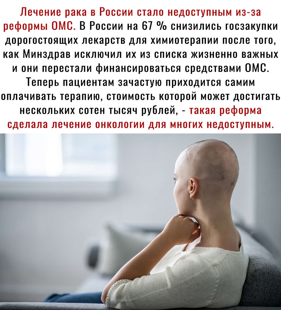 Лечение рака в России стало недоступным из за реформы ОМС В России на 67 снизились госзакупки дорогостоящих лекарств для химиотерапии после того как Минздрав исключил их из списка жизненно важных и они перестали финансироваться средствами ОМС Теперь пациентам зачастую приходится самим оплачивать терапию стоимость которой может достигать нескольких сотен тысяч рублей такая реформа сделала лечение о