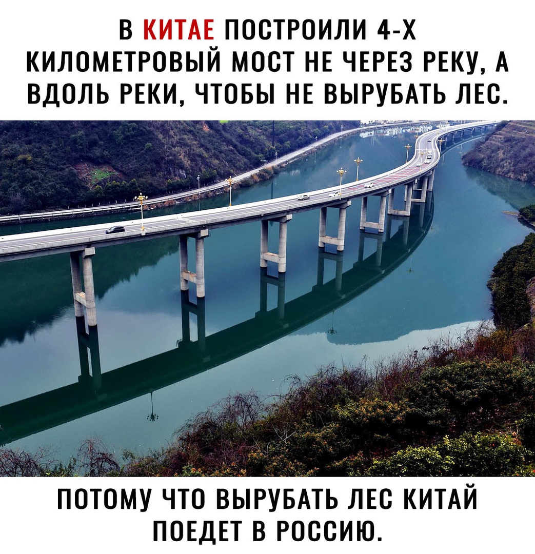 В _ ПОСТРОИЛИ 4 Х КИЛОМЕТРОВЫИ МОСТ НЕ ЧЕРЕЗ РЕКУ А ВДОЛЬ РЕКИ ЧТОБЫ НЕ ВЫРУБАТЬ ЛЕС а потому что выгувАть ЛЕС КИТАЙ ПОЕДЕТ в россию