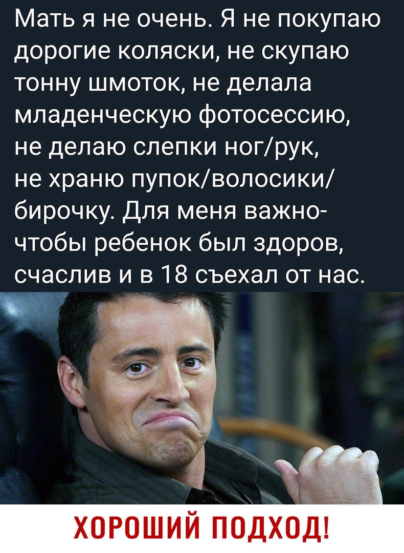 Мать я не очень Я не покупаю дорогие коляски не скупаю тонну шмоток не делала младенческую фотосессию не делаю слепки ногрук не храню пупокволосики бирочку Для меня важно чтобы ребенок был здоров счаслив и в 18 съехал от нас хороший подход
