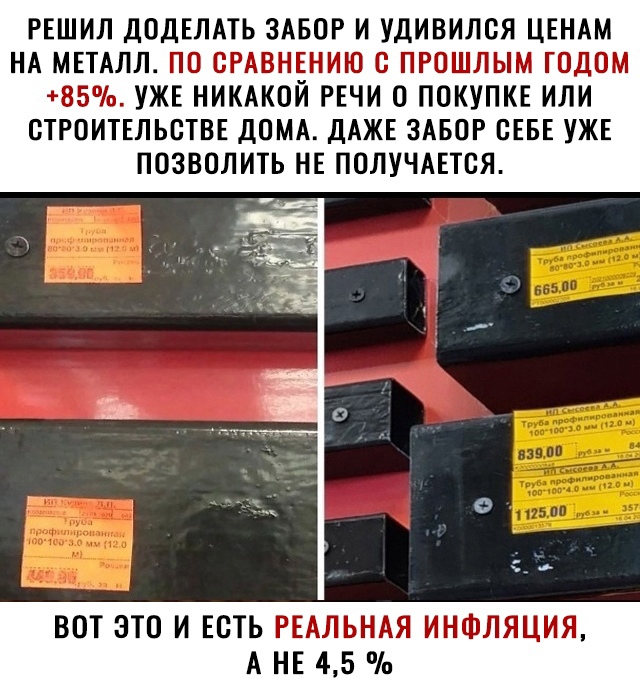 РЕШИЛ ДОДЕЛАТЬ ЗАБОР И УДИВИЛОЯ ЦЕНАМ НА МЕТАЛЛ ПО ОРАВНЕНИЮ С ПРОШЛЫМ ГОДОМ 85 УЖЕ НИКАКОЙ РЕЧИ О ПОКУПКЕ ИЛИ СТРОИТЕЛЬСТВЕ ДОМА ДАЖЕ ЗАБОР ВЕБЕ УЖЕ ПОЗВОЛИТЬ НЕ ПОЛУЧАЕТСЯ ВОТ ЭТО И ЕОТЬ РЕАЛЬНАЯ ИНФЛЯЦИЯ А НЕ 45