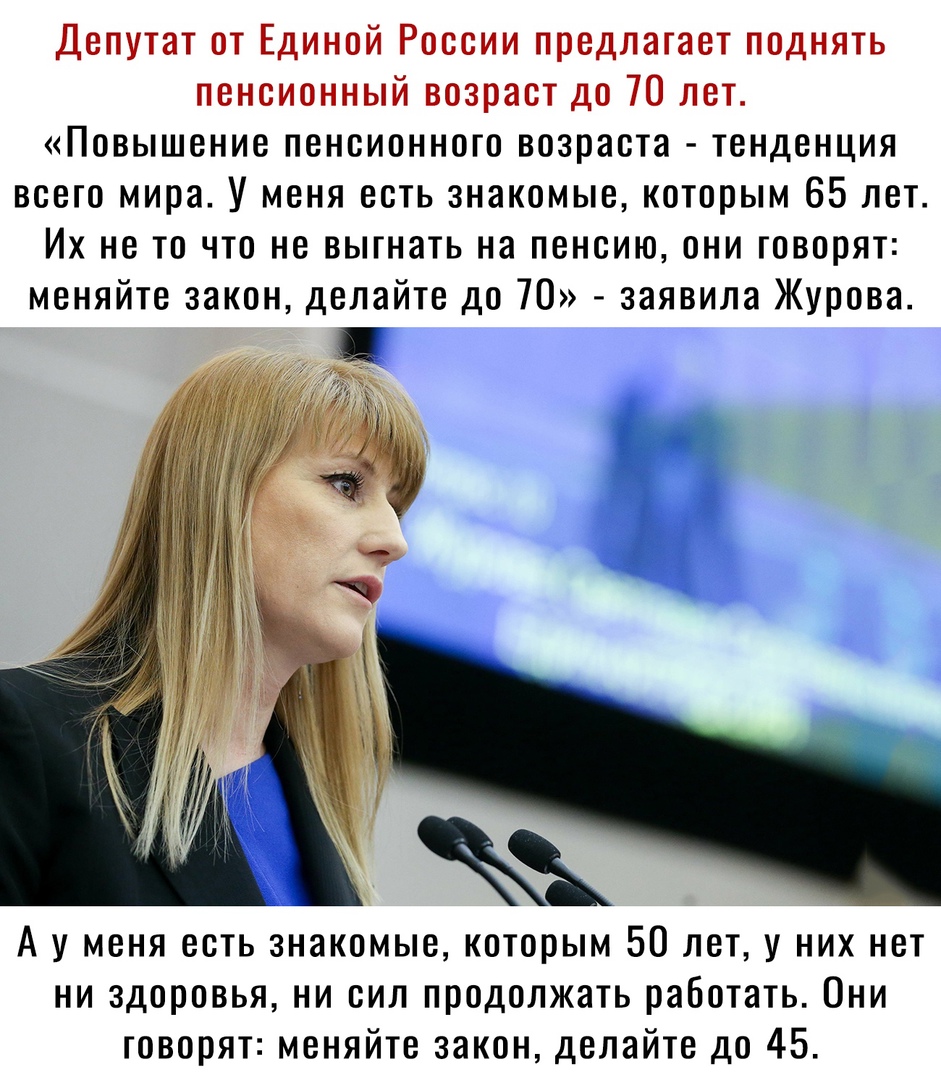 Повышение пенсионного возраста тенденция всего мира У меня есть знакомые которым 65 лет Их не то что не выгнать на пенсию они говорят меняйте закон делайте до 70 заявила Журова А у меня есть знакомые которым 50 лет у них нет ни здоровья ни сил продолжать работать Они говорят меняйте закон делайте до 45