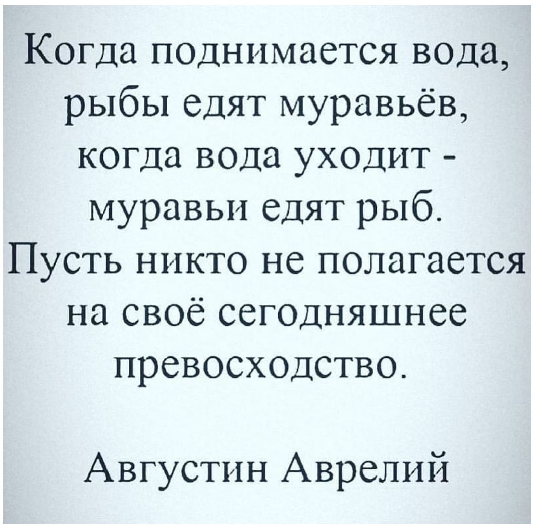 Когда поднимается вода рыбы едят муравьёв когда в0да уходит муравьи едят рыб Пусть никто не полагается на своё сег0дняшнее превосходство Августин Аврелий