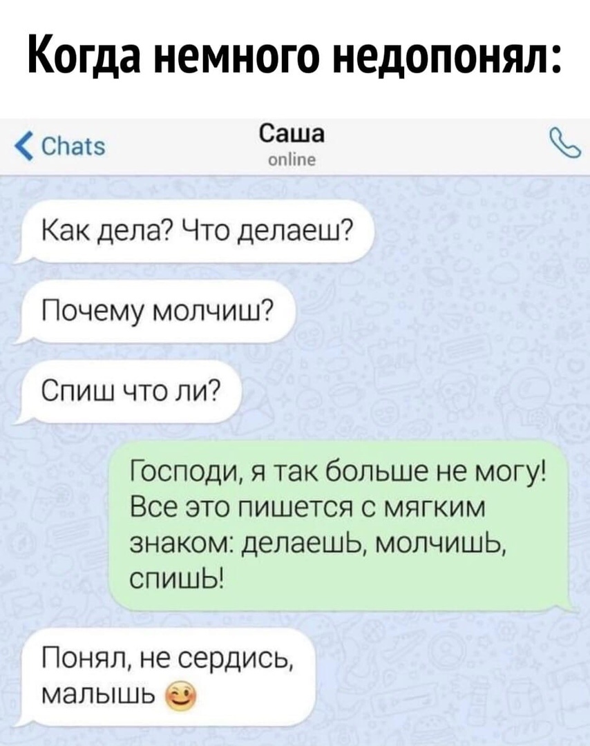 когда НЕМНОГО НЕДОПОНЯЛі 0133 Саша опіше Как дела Что делаеш Почему молчиш Спиш что ли Господи я так больше не могу Все это пишется с мягким знаком делаешь молчишь спишЬ ПОНЯЛ не С6ПДИСЬ МЭЛЫШЬ